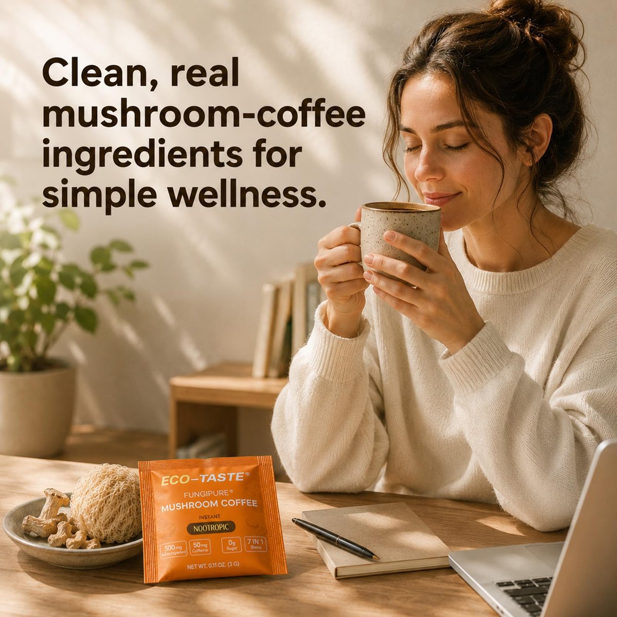 ECO-TASTE 7-in-1 Pilz-Kaffee-Mix mit Ginkgo, Löwenmähne, Alpha-GPC, Bacopa, PS und L-Theanin – 12 Portionsbeutel
