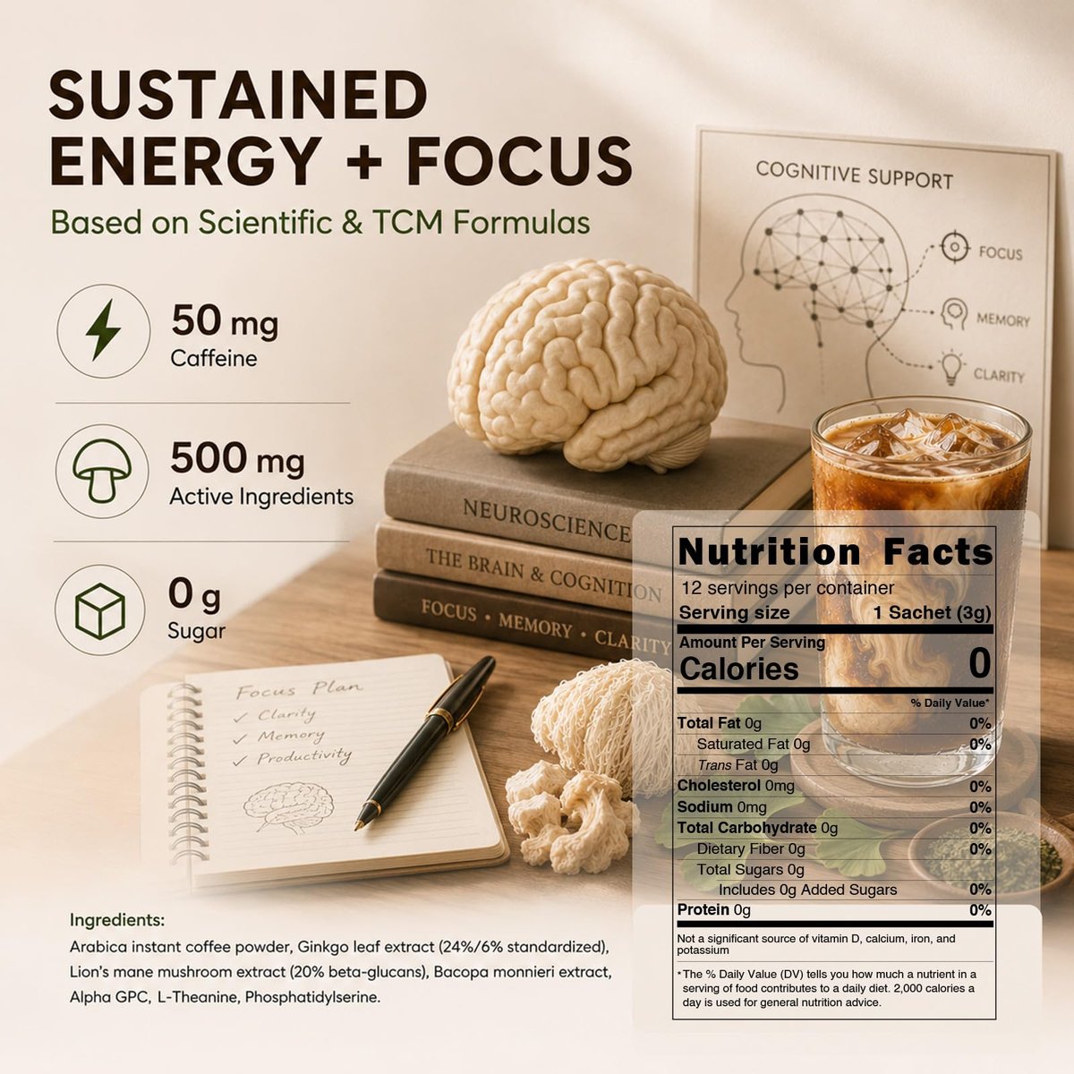 ECO-TASTE 7-in-1 Pilz-Kaffee-Mix mit Ginkgo, Löwenmähne, Alpha-GPC, Bacopa, PS und L-Theanin – 12 Portionsbeutel