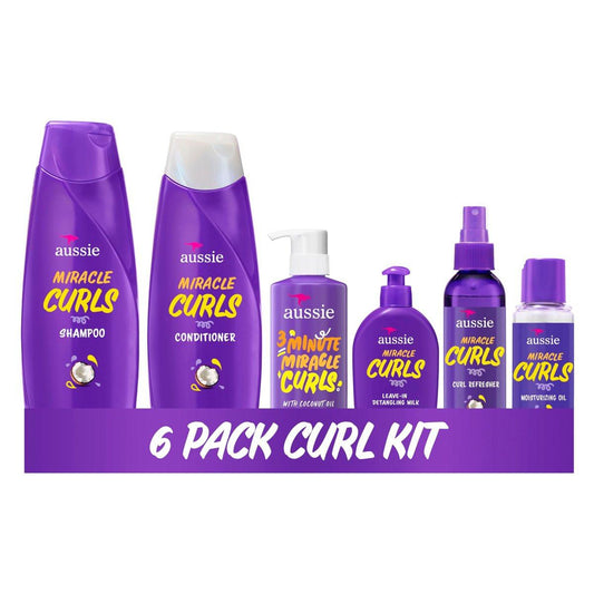 Aussie Miracle Curls 6-teiliges Set: Shampoo, Conditioner, Tiefenpflege, Auffrischungs-Gel, Entwirrungsmilch & Öl-Behandlung – 55,8 Fl Oz