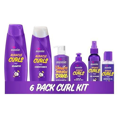 Aussie Miracle Curls 6-teiliges Set: Shampoo, Conditioner, Tiefenpflege, Auffrischungs-Gel, Entwirrungsmilch & Öl-Behandlung – 55,8 Fl Oz