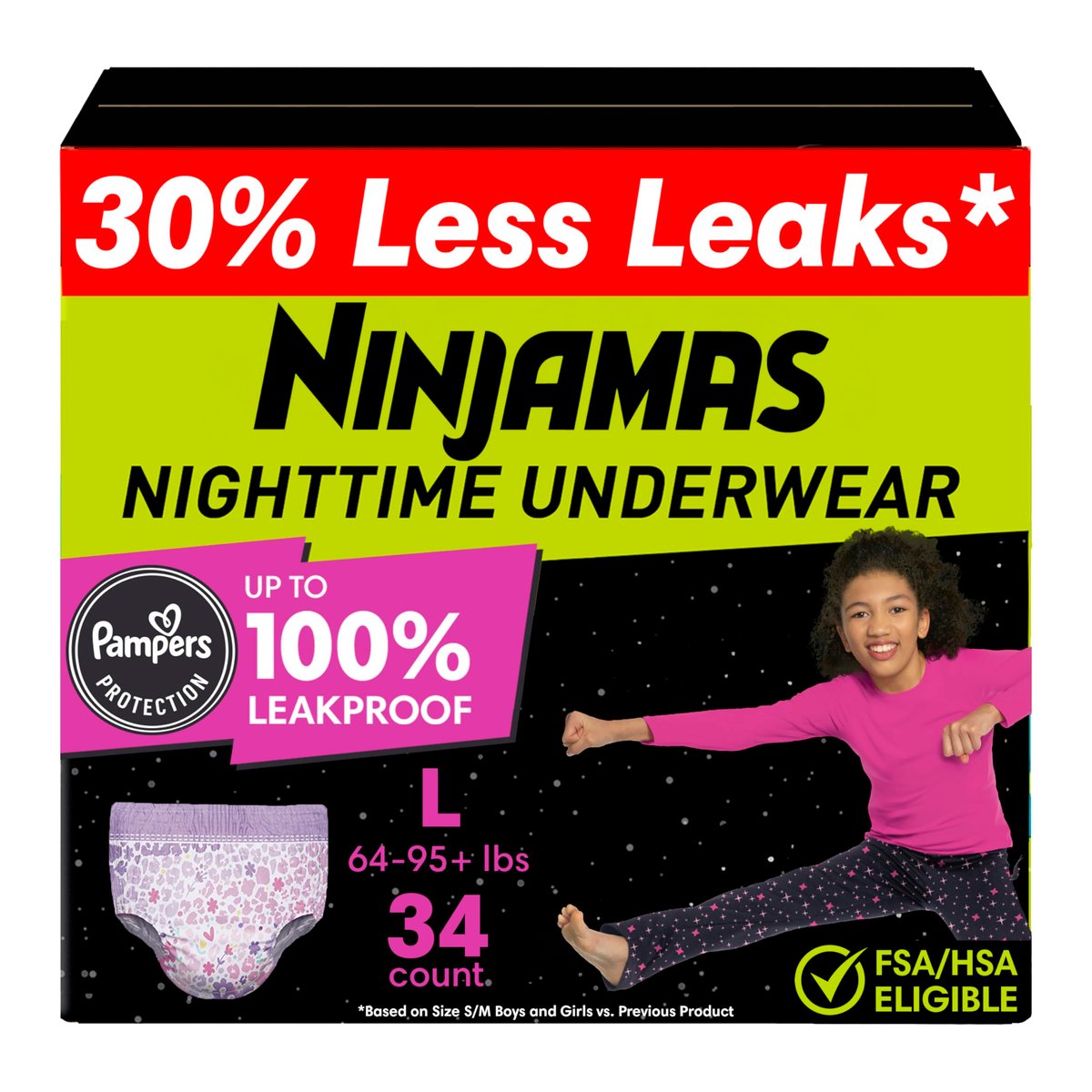 Ninjamas Mädchen Windeln für Bettnässen, Größe L (29-43+ kg), 34 Stück, Nächtlicher Schutz, Ultra Saugfähig, Hypoallergen