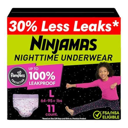Ninjamas Mädchen Nachtwindel für Bettnässen - Größe L (64-95+ lbs), 11 Stück, Übernacht-Schutz, ultra-saugfähig, hypoallergen