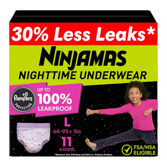 Ninjamas Mädchen Nachtwindel für Bettnässen - Größe L (64-95+ lbs), 11 Stück, Übernacht-Schutz, ultra-saugfähig, hypoallergen