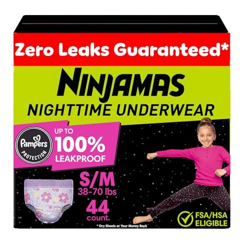 Ninjamas Mädchen Bettnässen Nachtunterwäsche, Größe S/M (17-32 kg), 44 Stück, nächtlicher Schutz, ultra-saugfähig, hypoallergen