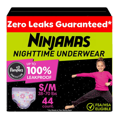 Ninjamas Mädchen Bettnässen Nachtunterwäsche, Größe S/M (17-32 kg), 44 Stück, nächtlicher Schutz, ultra-saugfähig, hypoallergen