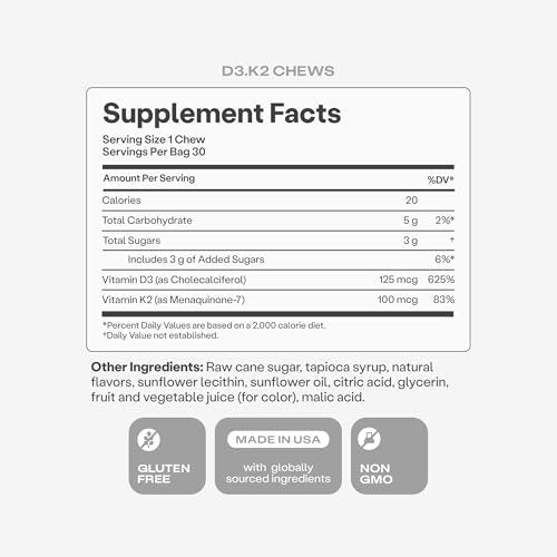 HumanN Vitamin D3 + K2 Lutschtabletten – Hochdosiert 5000 IE (125 μg) Unterstützt gesunde Stimmung, Immunsystem, Herz-Kreislauf-, Atemwegs- und Knochengesundheit, gemischter Beerengeschmack, 30 Stück