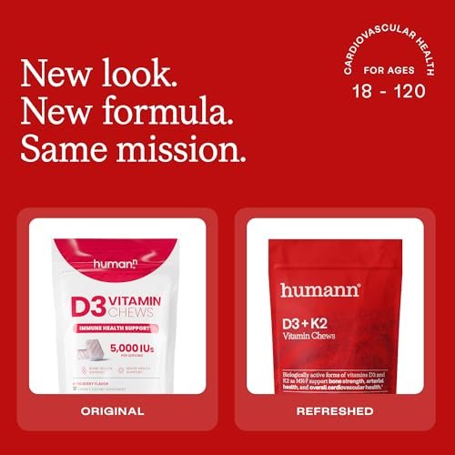 HumanN Vitamin D3 + K2 Lutschtabletten – Hochdosiert 5000 IE (125 μg) Unterstützt gesunde Stimmung, Immunsystem, Herz-Kreislauf-, Atemwegs- und Knochengesundheit, gemischter Beerengeschmack, 30 Stück