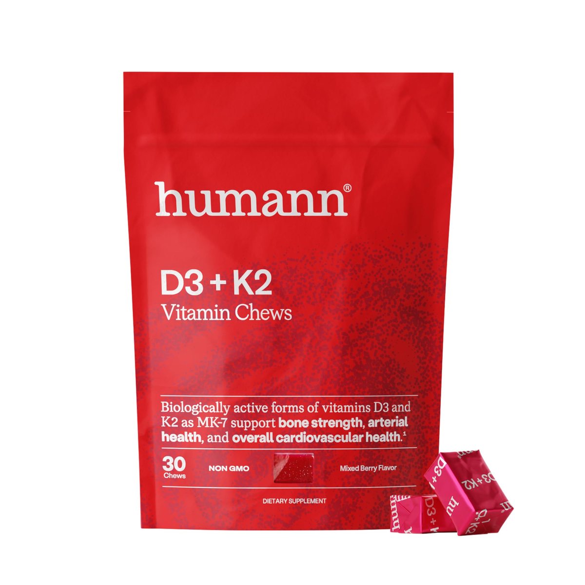 HumanN Vitamin D3 + K2 Lutschtabletten – Hochdosiert 5000 IE (125 μg) Unterstützt gesunde Stimmung, Immunsystem, Herz-Kreislauf-, Atemwegs- und Knochengesundheit, gemischter Beerengeschmack, 30 Stück
