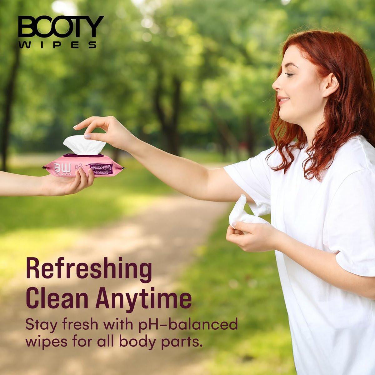 BOOTY WIPES Feuchttücher für Frauen – 80 pH-ausgeglichene, spülbare Feuchttücher mit Vitamin E und Aloe Vera – Große, parfümfreie Reinigungstücher für die Intimhygiene