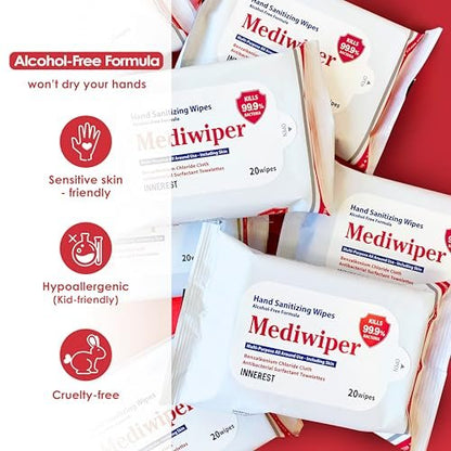 Mediwiper 20er-Pack alkoholfreie Desinfektionstücher, große unparfümierte Feuchttücher für Hände und Oberflächen (20 Tücher, 100 Tücher (20 x 5))