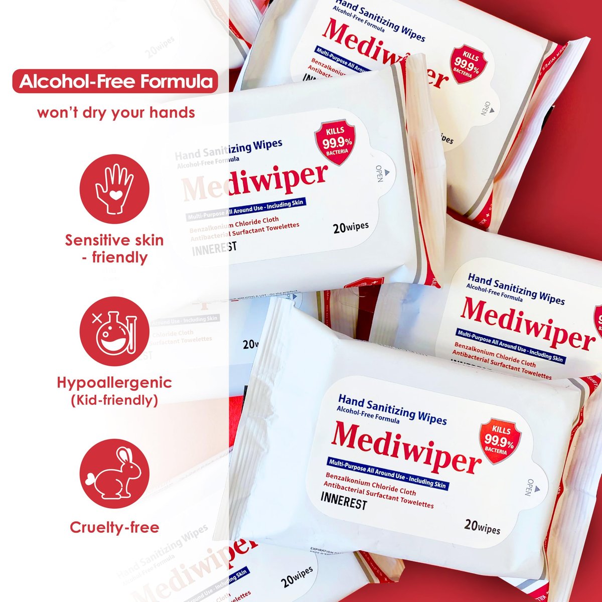 Mediwiper 20er-Pack alkoholfreie Desinfektionstücher, große unparfümierte Feuchttücher für Hände und Oberflächen (20 Tücher, 100 Tücher (20 x 5))