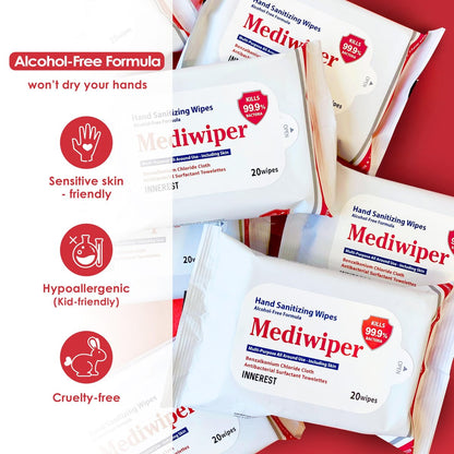 Mediwiper 20er-Pack alkoholfreie Desinfektionstücher, große unparfümierte Feuchttücher für Hände und Oberflächen (20 Tücher, 100 Tücher (20 x 5))
