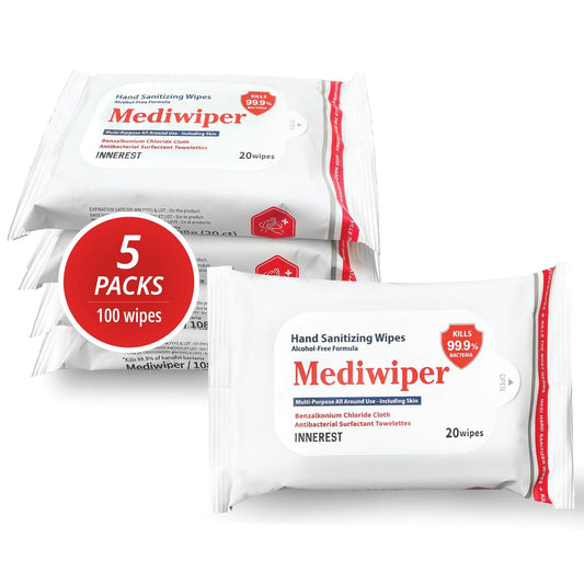 Mediwiper 20er-Pack alkoholfreie Desinfektionstücher, große unparfümierte Feuchttücher für Hände und Oberflächen (20 Tücher, 100 Tücher (20 x 5))