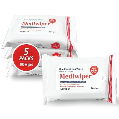 Mediwiper 20er-Pack alkoholfreie Desinfektionstücher, große unparfümierte Feuchttücher für Hände und Oberflächen (20 Tücher, 100 Tücher (20 x 5))