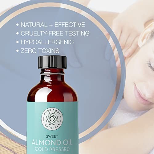 Pure Body Naturals Süßes Mandelöl, 118 ml - Kaltgepresst und 100% rein - für Haare, Haut, Nägel, therapeutische Massage, Trägeröl
