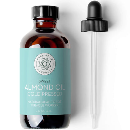 Pure Body Naturals Süßes Mandelöl, 118 ml - Kaltgepresst und 100% rein - für Haare, Haut, Nägel, therapeutische Massage, Trägeröl