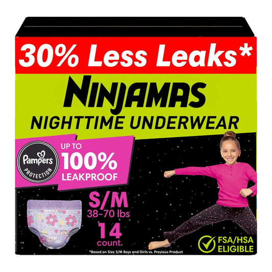 Ninjamas Mädchen Bettnässen Nachtwindeln - Größe S/M (17-32 kg), 14 Stück, Übernacht-Schutz, Ultra-saugfähig, Hypoallergen