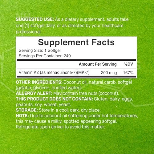 DEAL SUPPLEMENT Vitamin K2 MK-7 200 mcg pro Portion, 240 Kokosöl-Weichkapseln | Leicht absorbierte Menaquinon-7 Form | Knochen-, Gelenk- und Immununterstützung – Nicht-GMO