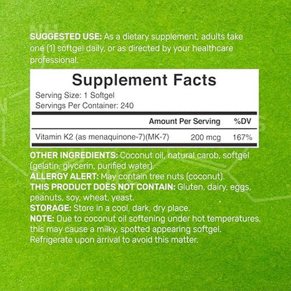 DEAL SUPPLEMENT Vitamin K2 MK-7 200 mcg pro Portion, 240 Kokosöl-Weichkapseln | Leicht absorbierte Menaquinon-7 Form | Knochen-, Gelenk- und Immununterstützung – Nicht-GMO