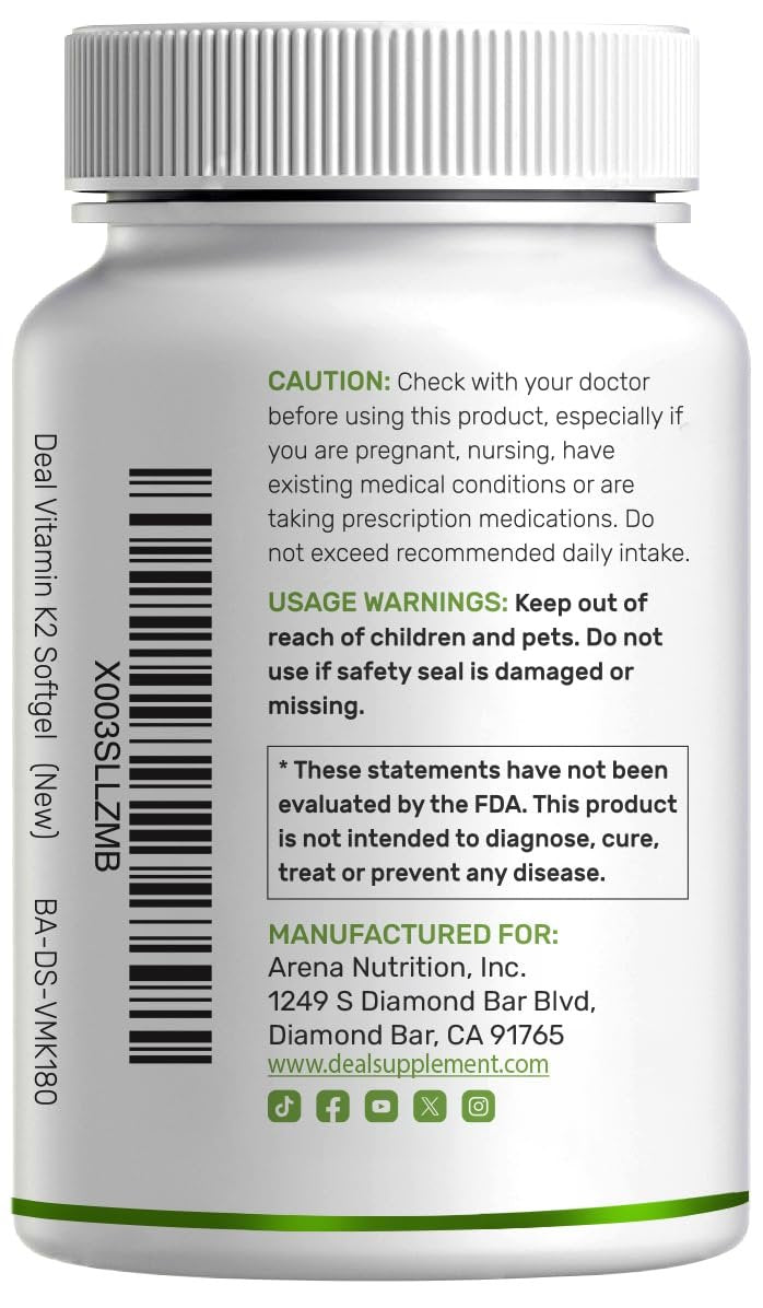 DEAL SUPPLEMENT Vitamin K2 MK-7 200 mcg pro Portion, 240 Kokosöl-Weichkapseln | Leicht absorbierte Menaquinon-7 Form | Knochen-, Gelenk- und Immununterstützung – Nicht-GMO