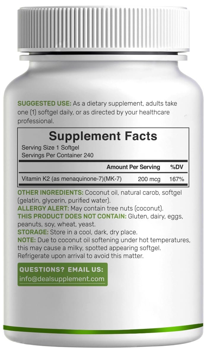 DEAL SUPPLEMENT Vitamin K2 MK-7 200 mcg pro Portion, 240 Kokosöl-Weichkapseln | Leicht absorbierte Menaquinon-7 Form | Knochen-, Gelenk- und Immununterstützung – Nicht-GMO