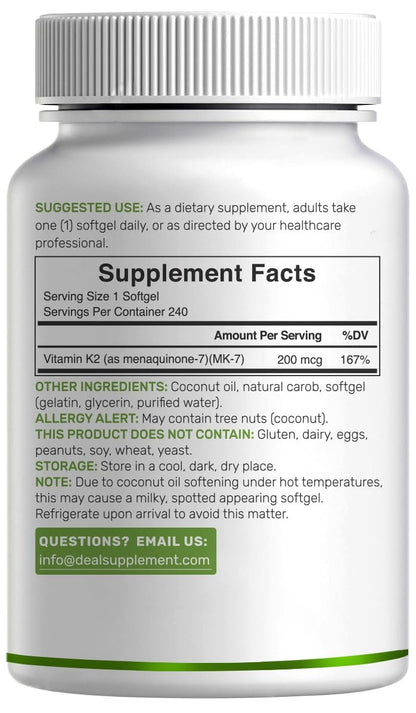 DEAL SUPPLEMENT Vitamin K2 MK-7 200 mcg pro Portion, 240 Kokosöl-Weichkapseln | Leicht absorbierte Menaquinon-7 Form | Knochen-, Gelenk- und Immununterstützung – Nicht-GMO