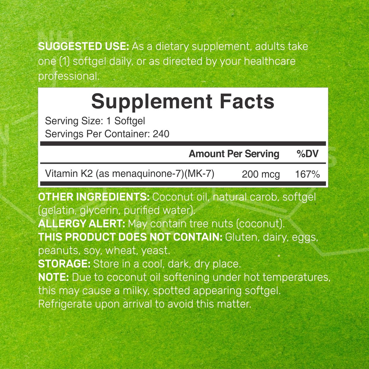 DEAL SUPPLEMENT Vitamin K2 MK-7 200 mcg pro Portion, 240 Kokosöl-Weichkapseln | Leicht absorbierte Menaquinon-7 Form | Knochen-, Gelenk- und Immununterstützung – Nicht-GMO