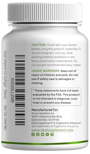 DEAL SUPPLEMENT Vitamin K2 MK-7 200 mcg pro Portion, 240 Kokosöl-Weichkapseln | Leicht absorbierte Menaquinon-7 Form | Knochen-, Gelenk- und Immununterstützung – Nicht-GMO