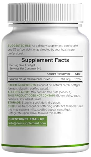 DEAL SUPPLEMENT Vitamin K2 MK-7 200 mcg pro Portion, 240 Kokosöl-Weichkapseln | Leicht absorbierte Menaquinon-7 Form | Knochen-, Gelenk- und Immununterstützung – Nicht-GMO