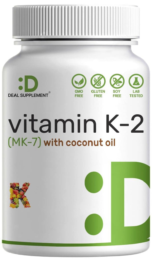 DEAL SUPPLEMENT Vitamin K2 MK-7 200 mcg pro Portion, 240 Kokosöl-Weichkapseln | Leicht absorbierte Menaquinon-7 Form | Knochen-, Gelenk- und Immununterstützung – Nicht-GMO
