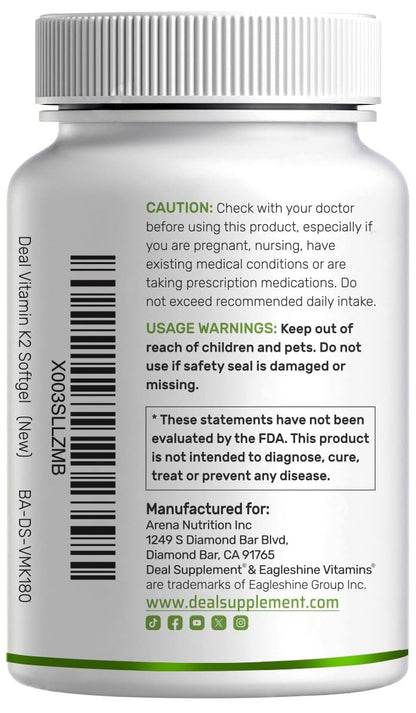 DEAL SUPPLEMENT Vitamin K2 MK-7 200 mcg pro Portion, 240 Kokosöl-Weichkapseln | Leicht absorbierte Menaquinon-7 Form | Knochen-, Gelenk- und Immununterstützung – Nicht-GMO