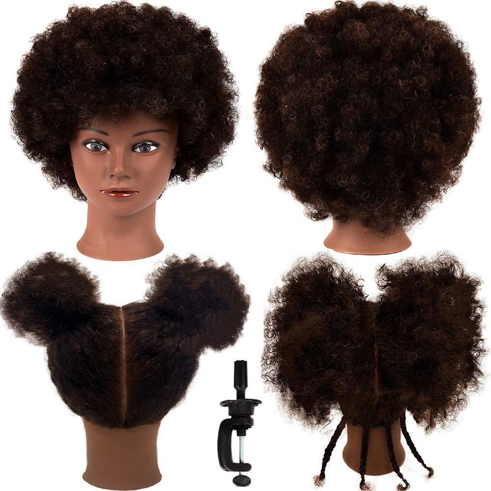 Afrikanischer Mannequin-Kopf mit 100% Echthaar, Locken, Friseurkopf zum Üben von Flechtfrisuren, Styling und Training, inkl. Ständer, 2er-Set
