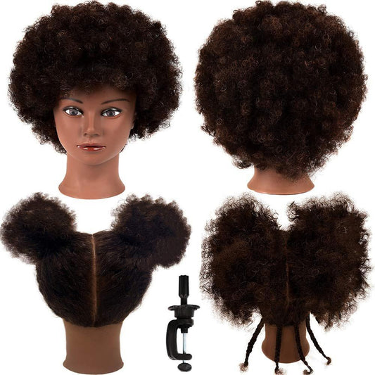 Afrikanischer Mannequin-Kopf mit 100% Echthaar, Locken, Friseurkopf zum Üben von Flechtfrisuren, Styling und Training, inkl. Ständer, 2er-Set