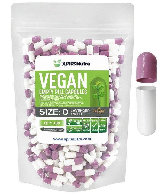 XPRS Nutra Leere Kapseln Größe 0 - 100 Stück vegane Kapseln - Vegetarische Pillen DIY Gemüsekapselbefüllung - Veggie Pillen für selbstgemachte Nahrungsergänzungsmittel (Lavendel/Weiß)