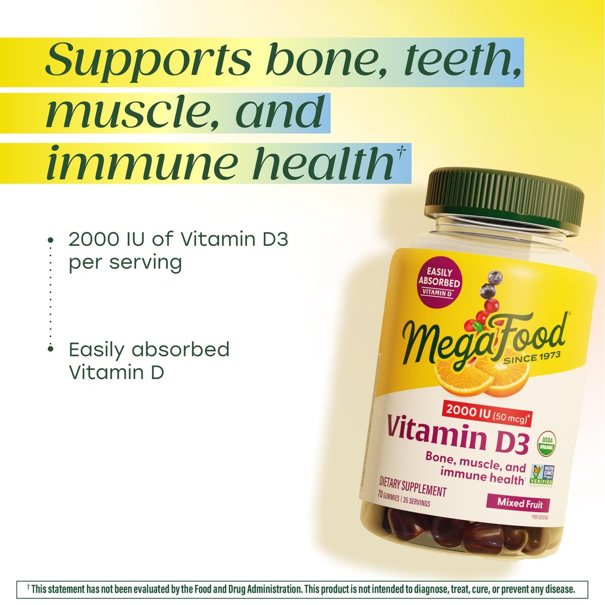 MegaFood Vitamin D3 Gummis 2000 IE (50 µg) – Vegan, Bio, Glutenfrei – 70 Stück für Knochen-, Muskel- und Immununterstützung