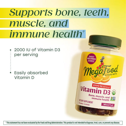 MegaFood Vitamin D3 Gummis 2000 IE (50 µg) – Vegan, Bio, Glutenfrei – 70 Stück für Knochen-, Muskel- und Immununterstützung