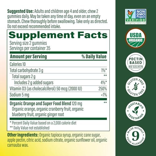 MegaFood Vitamin D3 Gummis 2000 IE (50 µg) – Vegan, Bio, Glutenfrei – 70 Stück für Knochen-, Muskel- und Immununterstützung