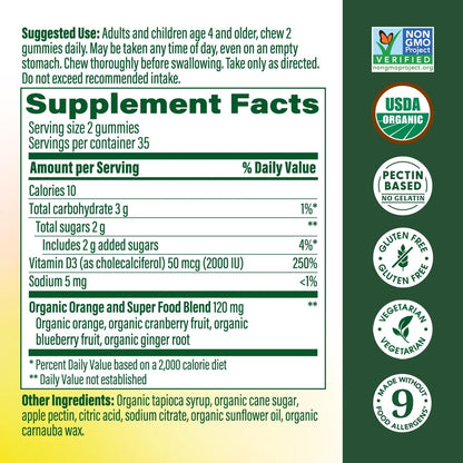 MegaFood Vitamin D3 Gummis 2000 IE (50 µg) – Vegan, Bio, Glutenfrei – 70 Stück für Knochen-, Muskel- und Immununterstützung