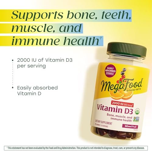 MegaFood Vitamin D3 Gummis 2000 IE (50 µg) – Vegan, Bio, Glutenfrei – 70 Stück für Knochen-, Muskel- und Immununterstützung