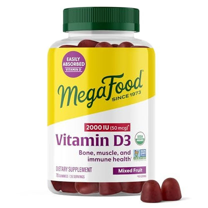 MegaFood Vitamin D3 Gummis 2000 IE (50 µg) – Vegan, Bio, Glutenfrei – 70 Stück für Knochen-, Muskel- und Immununterstützung
