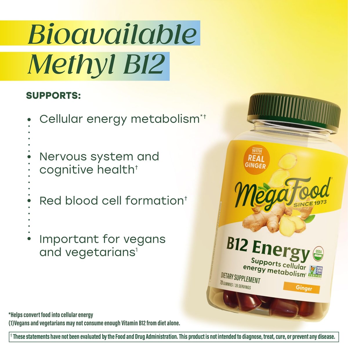MegaFood Vitamin B12 Energie-Gummibärchen – Vegan – Mit Methyl-B12 für zelluläre Energieproduktion – Ingwer – Tägliches Vitamin-B12-Präparat – USDA Organic – 70 Gummibärchen, 35 Portionen