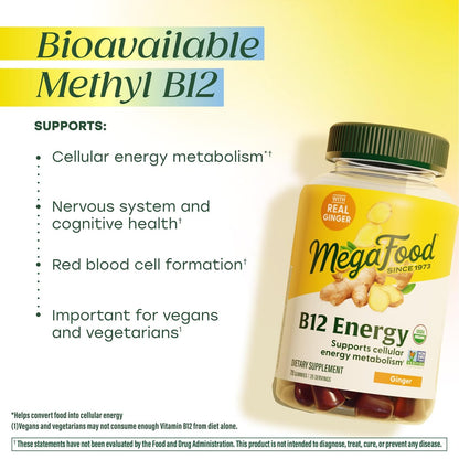 MegaFood Vitamin B12 Energie-Gummibärchen – Vegan – Mit Methyl-B12 für zelluläre Energieproduktion – Ingwer – Tägliches Vitamin-B12-Präparat – USDA Organic – 70 Gummibärchen, 35 Portionen