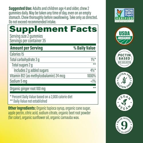 MegaFood Vitamin B12 Energie-Gummibärchen – Vegan – Mit Methyl-B12 für zelluläre Energieproduktion – Ingwer – Tägliches Vitamin-B12-Präparat – USDA Organic – 70 Gummibärchen, 35 Portionen