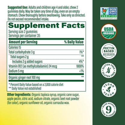 MegaFood Vitamin B12 Energie-Gummibärchen – Vegan – Mit Methyl-B12 für zelluläre Energieproduktion – Ingwer – Tägliches Vitamin-B12-Präparat – USDA Organic – 70 Gummibärchen, 35 Portionen