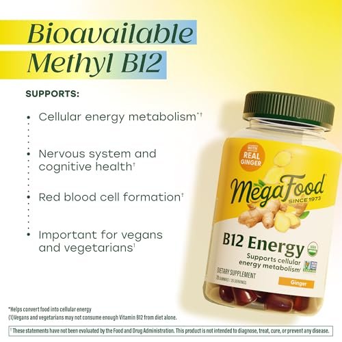 MegaFood Vitamin B12 Energie-Gummibärchen – Vegan – Mit Methyl-B12 für zelluläre Energieproduktion – Ingwer – Tägliches Vitamin-B12-Präparat – USDA Organic – 70 Gummibärchen, 35 Portionen
