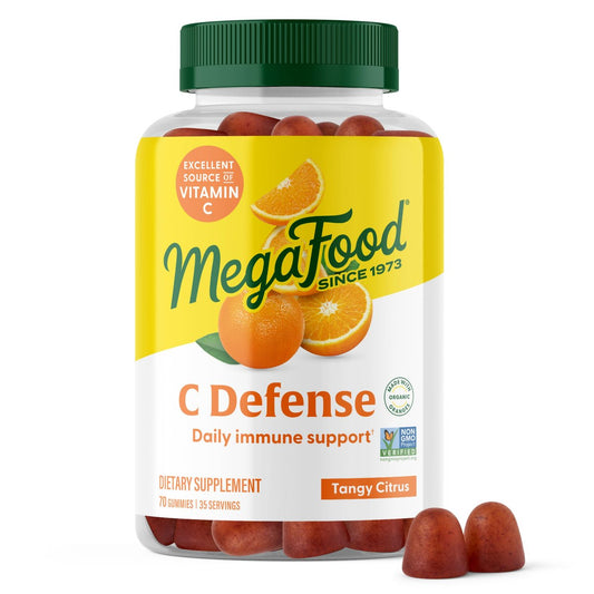 MegaFood C Defense Tägliches Vitamin C Supplement – Kaubare Vitamin C Gummis, Immunsystem Unterstützung, würziger Zitrusgeschmack, aus echten Lebensmitteln, vegan – 70 Gummis, 35 Portionen