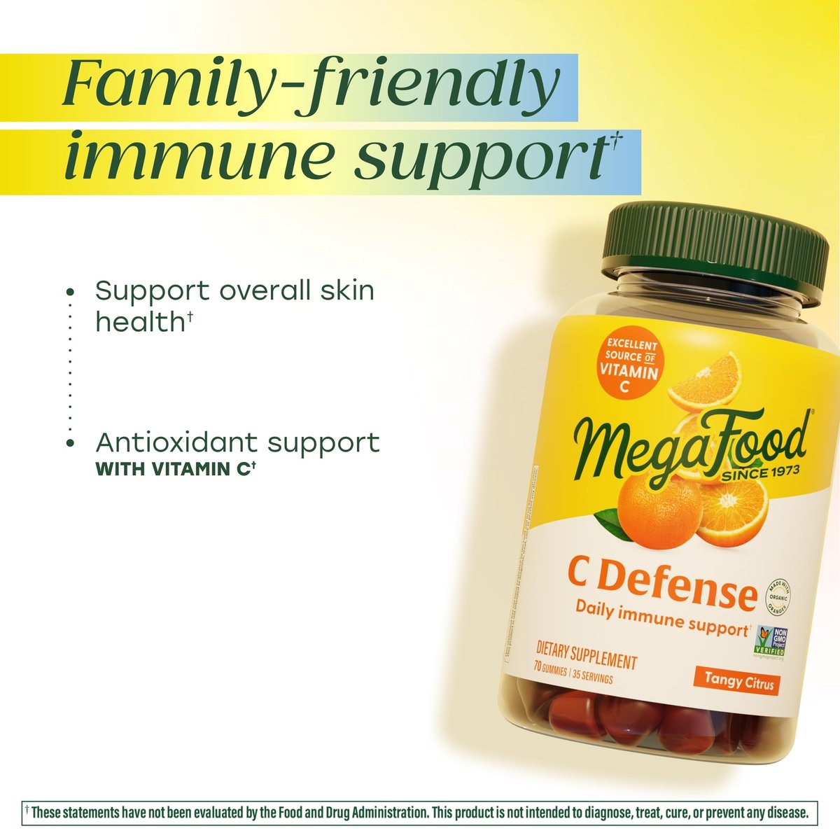 MegaFood C Defense Tägliches Vitamin C Supplement – Kaubare Vitamin C Gummis, Immunsystem Unterstützung, würziger Zitrusgeschmack, aus echten Lebensmitteln, vegan – 70 Gummis, 35 Portionen