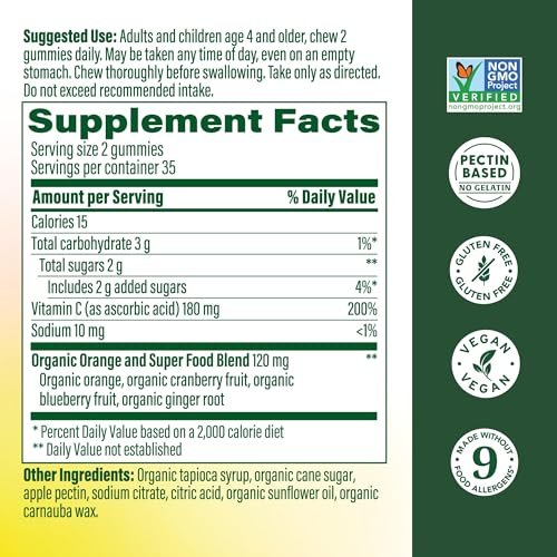 MegaFood C Defense Tägliches Vitamin C Supplement – Kaubare Vitamin C Gummis, Immunsystem Unterstützung, würziger Zitrusgeschmack, aus echten Lebensmitteln, vegan – 70 Gummis, 35 Portionen