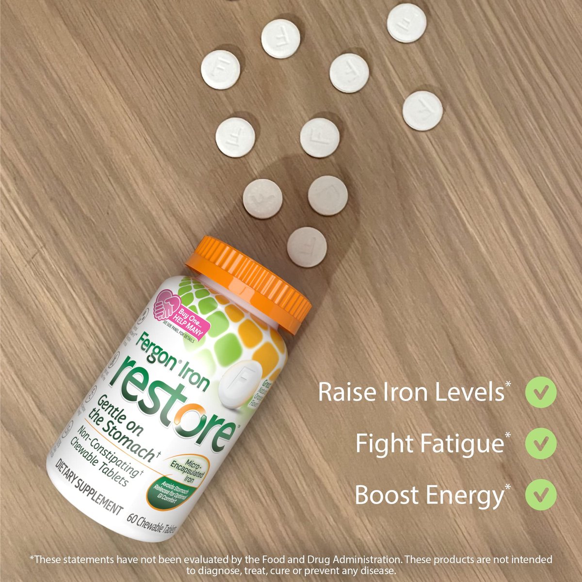 Fergon Eisen Restore Kautabletten – Sanft zum Magen, nicht verstopfend – 27 mg Eisen für Energieunterstützung – 60 Tabletten
