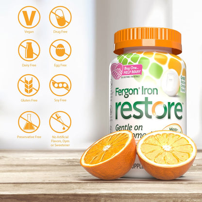 Fergon Eisen Restore Kautabletten – Sanft zum Magen, nicht verstopfend – 27 mg Eisen für Energieunterstützung – 60 Tabletten